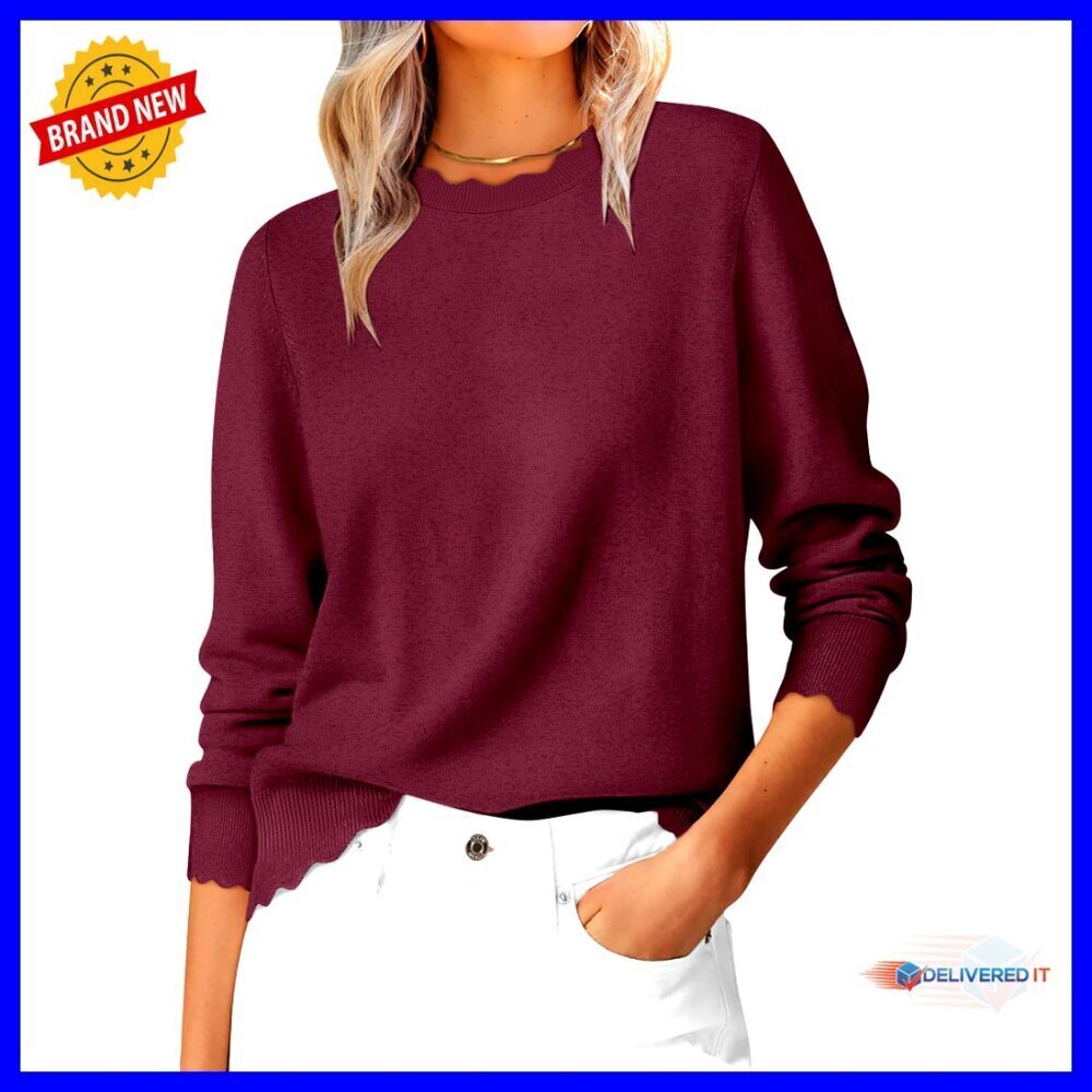 Lightweight Pullover Sweater Loose Fit Scalloped Edge Elegant Casual Chic Tops